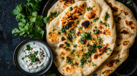 Enjoy freshly baked naan served with a creamy yogurt dip, garnished with herbs. Perfect for sharing, this dish brings a taste of tradition to your table.の素材