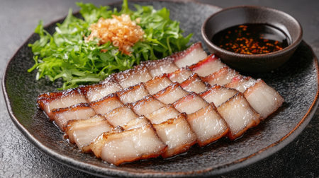 Savory sliced pork belly served with fresh greens and a flavorful dipping sauce. Perfect for food photography, restaurant menus, or culinary blogs.の素材