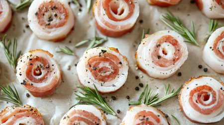 A close-up view of savory bacon rolls garnished with herbs and spices. Perfect for appetizers at parties or a flavorful addition to any meal.の素材
