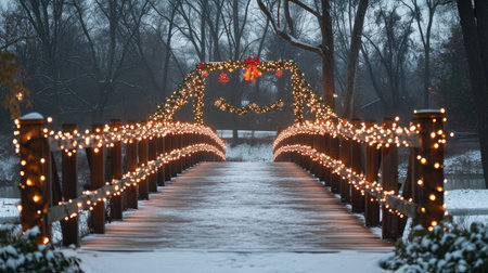 A beautiful winter scene featuring a wooden bridge adorned with festive lights and surrounded by snow-covered landscapes, creating a serene atmosphere.の素材
