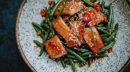 A gourmet dish featuring savory glazed meat served with fresh green beans, garnished with sesame seeds and fresh chili for a vibrant presentation.の素材