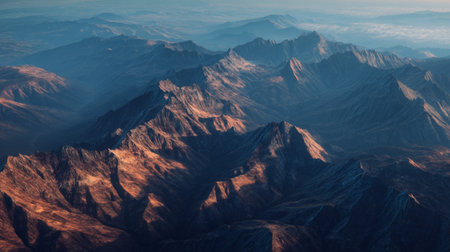 Breathtaking aerial shot of a rugged mountain range at dusk, showcasing gentle shadows and warm hues that highlight the natural beauty and dramatic geography of the landscape.の素材