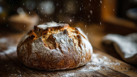 This captivating image showcases a rustic loaf of bread, dusted with flour, sitting on a wooden table. The warm lighting sets a cozy kitchen scene perfect for culinary inspiration.の素材