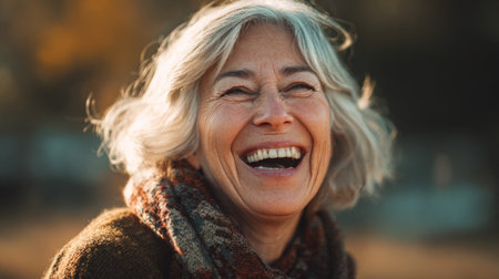 A candid portrait of a joyful older woman laughing in an outdoor setting during autumn. Her silver hair, warm smile, and vibrant expression convey pure happiness and serenity.の素材