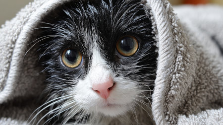 Close-up of a wet black and white kitten snuggled in a towel, illustrating its big eyes and playful nature, perfect for showcasing pet care and companionship.の素材