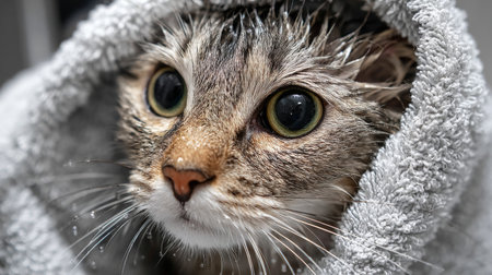 A charming image of a drenched cat snuggled in a towel after a bath, showcasing its adorable expression, big eyes, and gentle demeanor, perfect for animal lovers.の素材