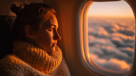 A young woman sits by an airplane window, gazing thoughtfully at a vibrant sunrise over fluffy clouds, embodying a sense of adventure and reflection during travel.の素材