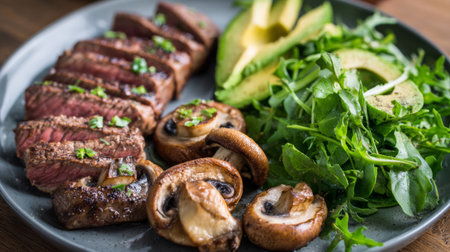 A beautifully arranged plate featuring grilled steak slices, creamy avocado, fresh arugula, and sautの素材
