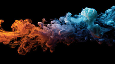 Dynamic smoke swirls in vibrant shades of orange and blue against a dark backdrop create an artistic atmosphere. The fluid movement offers a captivating visual experience.の素材