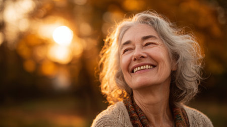 A joyful elderly woman smiles warmly against a backdrop of golden autumn foliage, radiating happiness and serenity in the soft, natural light of a beautiful outdoor setting.の素材