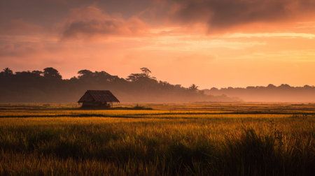 A tranquil rural scene capturing a rustic hut among golden rice fields at dawn, with a breathtaking colorful sky. Perfect for nature and agriculture themes.の素材