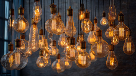 A captivating arrangement of vintage light bulbs illuminates a stylish interior, offering warm glows and distinctive design elements that enhance any home decor setting.の素材