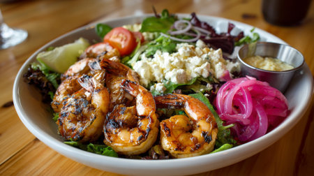 A vibrant grilled shrimp salad featuring fresh greens, tomatoes, pickled onions, feta cheese, and a tangy dressing, beautifully arranged in a white bowl.の素材