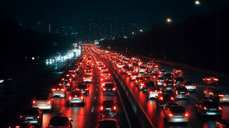 A stunning view of a nighttime traffic jam on an urban highway, featuring bright red brake lights illuminating the wet road. The city skyline adds depth to the scene.の素材