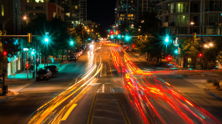 A striking long exposure image captures the vibrant energy of a nighttime urban intersection, showcasing colorful light trails from moving vehicles amidst modern skyscrapers.の素材