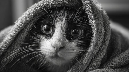 A captivating black and white portrait of a cat nestled in a towel, emphasizing its expressive eyes and soft fur, creating a serene and intimate atmosphere.の素材