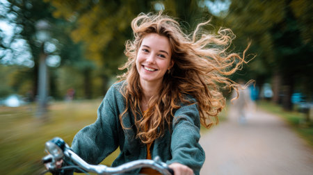 A cheerful young woman rides her bicycle through a picturesque park, embodying joy and freedom. Sunny weather highlights her vibrant spirit and playful energy.の素材