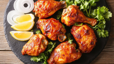 A plate of juicy grilled chicken drumsticks garnished with fresh herbs, lemon slices, and onion, perfect for summer gatherings and outdoor meals.の素材