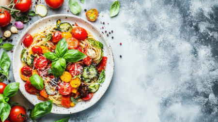 A delicious plate of fresh vegetable pasta topped with basil and vibrant cherry tomatoes, perfect for a healthy meal or culinary inspiration.の素材
