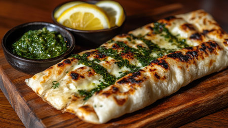 A delicious grilled flatbread garnished with fresh herbs. Served with vibrant green dipping sauce and lemon slices, ideal for any meal or snack.の素材
