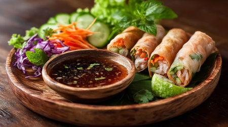 Indulge in vibrant and fresh spring rolls filled with vegetables, garnished with herbs, and served with a flavorful dipping sauce on a rustic wooden plate.の素材