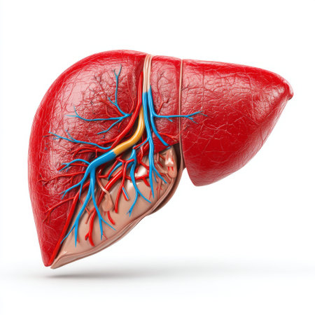 This detailed illustration of the human liver showcases its intricate structure, including blood vessels, tailored for educational and medical use in presentations and studies.の素材