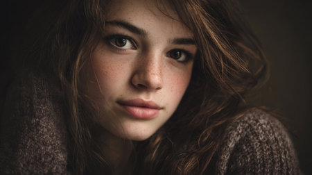 This captivating portrait features a young woman with natural beauty, soft features, and warm colors, creating an intimate and serene atmosphere, perfect for various projects.の素材