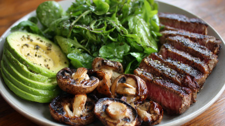 A mouthwatering plate featuring grilled steak, fresh avocado slices, vibrant greens, and roasted mushrooms, showcasing a balance of healthy ingredients and flavors.の素材