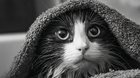 A visually striking black and white image of a curious cat peeking from beneath a towel, showcasing its expressive eyes and fluffy fur. Ideal for cat lovers.の素材