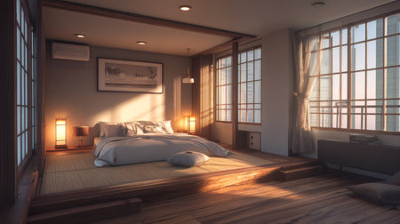 A serene modern bedroom featuring soft lighting and minimalist design elements, creating a cozy atmosphere perfect for relaxation and rejuvenation.の素材