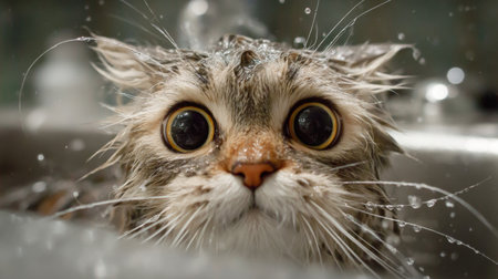 A surprised wet cat with large expressive eyes experiences a bath in a sink. Water droplets and soap bubbles add to the vibrant indoor scene, capturing a moment of curiosity.の素材