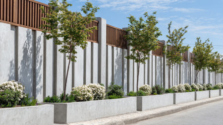 This image showcases a modern urban landscape, featuring a sleek wall, vibrant greenery, and a clear blue sky, perfect for architectural and design projects.の素材