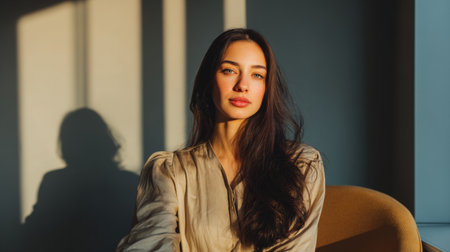 A serene portrait of a young woman in a chair, illuminated by soft natural light. The elegant shadows create a calming atmosphere, highlighting her beauty and thoughtful expression.の素材