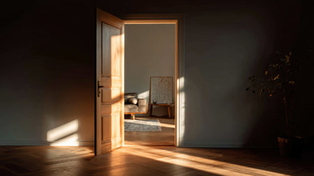 Warm sunlight streams through an open door, illuminating a minimalist room with simple furniture and a calm atmosphere, creating a serene and inviting space.の素材