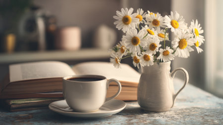 A charming morning setup featuring a steaming cup of coffee beside a vase of fresh daisies and an open book, creating a warm and inviting atmosphere for relaxation.の素材