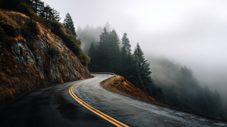 A winding road meanders through a foggy mountain landscape, surrounded by lush greenery and towering trees, creating a peaceful and atmospheric backdrop for any adventure.の素材