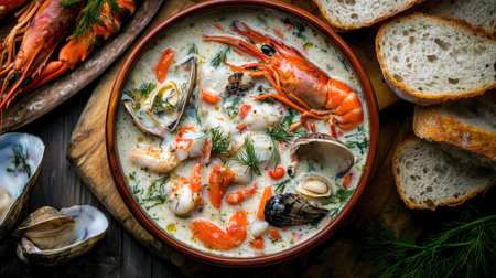 A creamy seafood dish featuring shrimp, lobster, and shellfish, presented beautifully with fresh herbs and crusty bread, perfect for any occasion.の素材