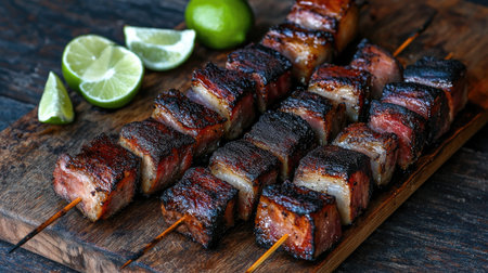 Savory grilled meat skewers served with fresh lime wedges, perfect for outdoor dining. Ideal for summer cookouts and gatherings with friends.の素材