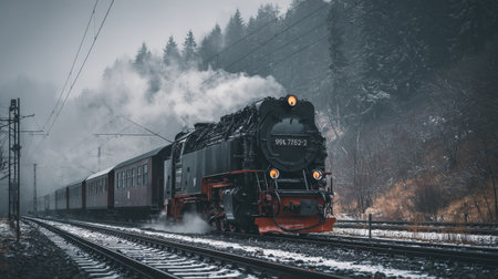 A classic steam locomotive travels through a serene winter landscape, showcasing the beauty of a snowy forest and evoking a sense of nostalgia and adventure.の素材