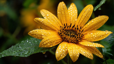 A stunning close-up of a sunflower with raindrops on its bright yellow petals, set against lush greenery, capturing the essence of nature's beauty and freshness.の素材