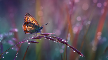 A stunning close-up of a butterfly resting on a grass blade, adorned with droplets of dew. The soft bokeh background enhances the natural beauty.の素材