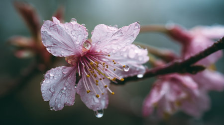 A stunning close-up of a cherry blossom flower adorned with water droplets, showcasing the soft pink petals that capture the essence of spring's beauty and renewal.の素材