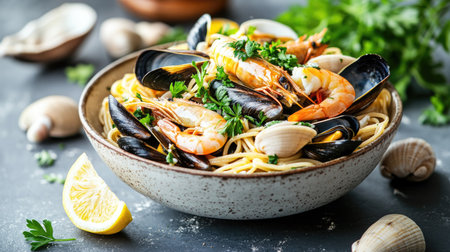 A vibrant bowl of fresh seafood pasta featuring shrimp, mussels, and clams, garnished with herbs and a lemon slice, perfect for a gourmet meal.の素材