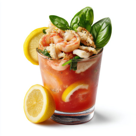 This vibrant seafood cocktail features succulent shrimp, crab meat, and fresh basil, beautifully garnished with lemon wedges, creating a refreshing summer appetizer.の素材