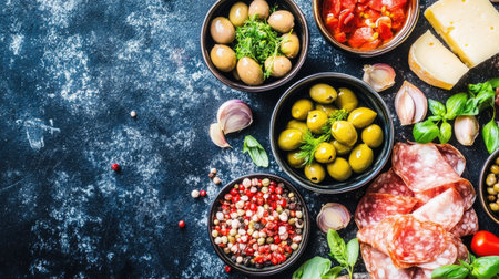 A vibrant arrangement of fresh Mediterranean ingredients including olives, tomatoes, cheese, salami, and aromatic herbs ideal for a delightful platter.の素材