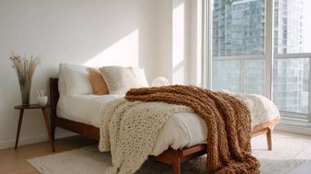 A serene bedroom featuring a plush bed with soft bedding, a warm blanket, and natural decor elements bathed in soothing sunlight, perfect for relaxation and inspiration.の素材