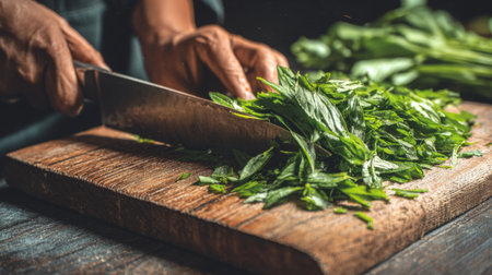 A pair of hands skillfully chop fresh green herbs on a rustic wooden cutting board, showcasing the beauty of culinary preparation for a delicious meal.の素材