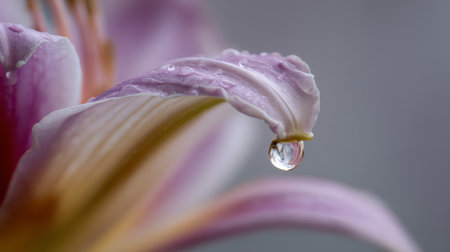 This close-up photograph showcases a single raindrop resting on a lilac petal, highlighting the intricate details and serene beauty of nature, perfect for calming visuals.の素材