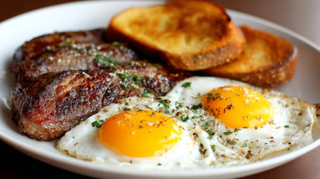 A mouthwatering breakfast plate featuring perfectly fried eggs, crispy bacon, and savory toast. Ideal for food lovers seeking a satisfying morning experience.の素材