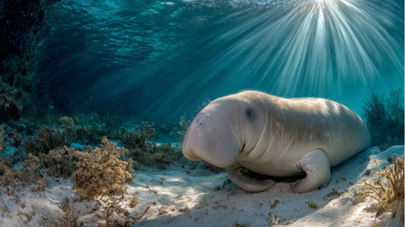A serene underwater moment captures a marine mammal resting gracefully on a sandy ocean floor. Its gentle presence adds tranquility to this vivid aquatic scene.の素材